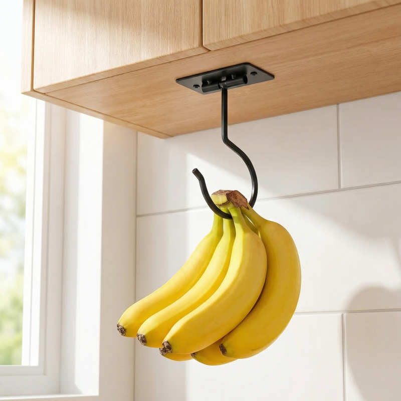 Commercial Kitchen Organization - Czarny metalowy samoprzylepny haczyk bananowy, składany